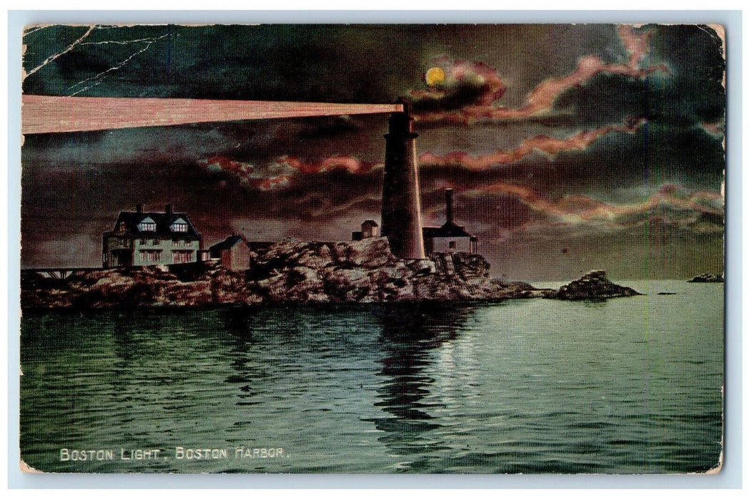 1911 Boston Light House Moon View Boston Harbor Massachusetts MA Postcard