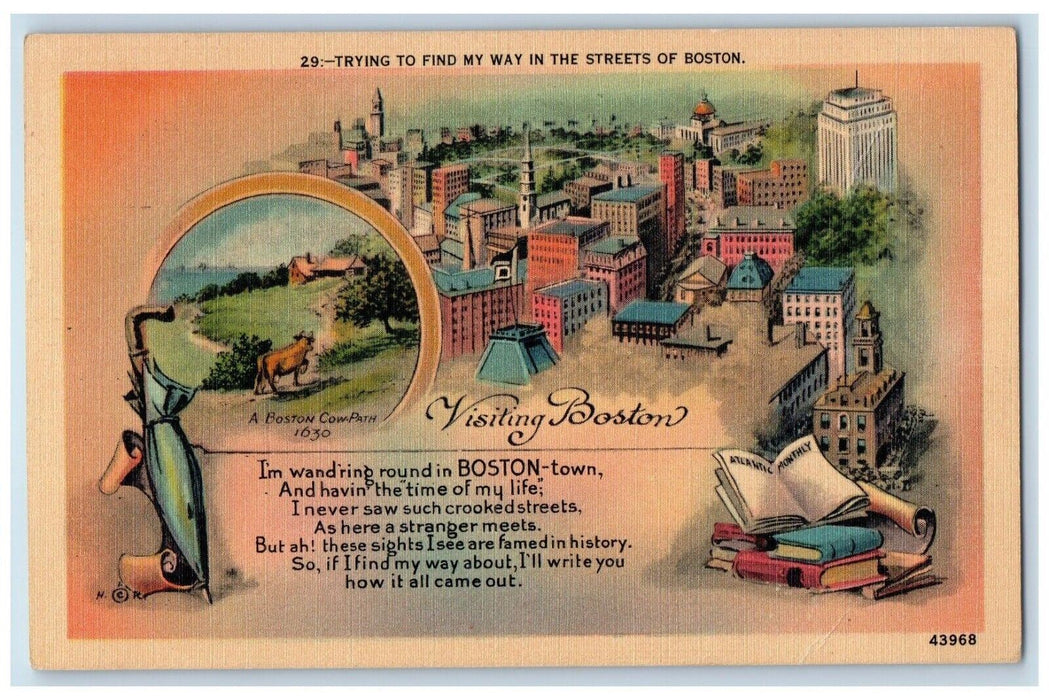 Multiview Visiting Boston Massachusetts MA, Buildings Cow Books Vintage Postcard