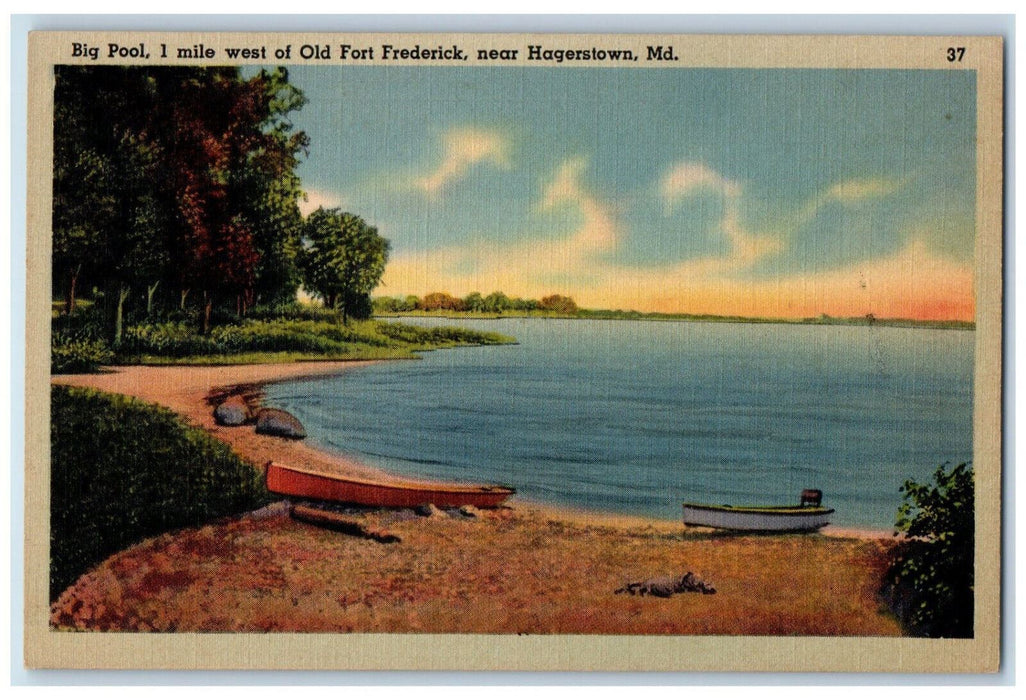 c1930's River and Boat Scene, Old Fort Frederick Hagerstown Maryland MD Postcard