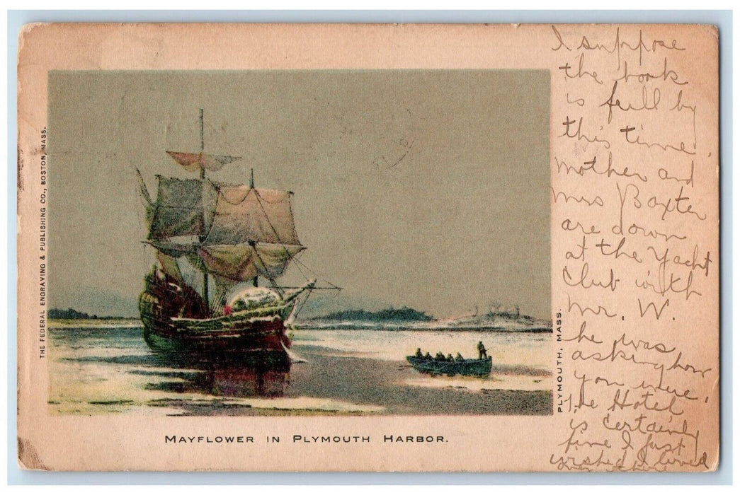 1905 Mayflower In Plymouth Harbor Boat Ship Plymouth Massachusetts MA Postcard