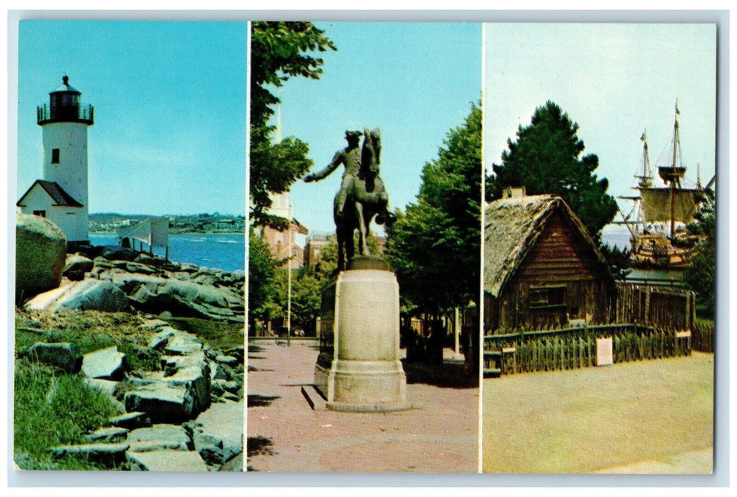 Multiview Of Marvelous Massachusetts MA, Beach Statue And Hut Ship  Postcard