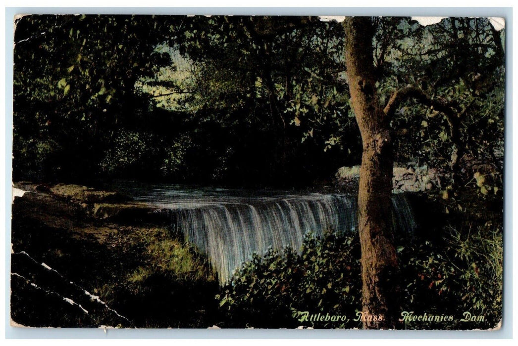 1913 Mechanics Dam Waterfalls Attleboro Massachusetts MA Antique Postcard