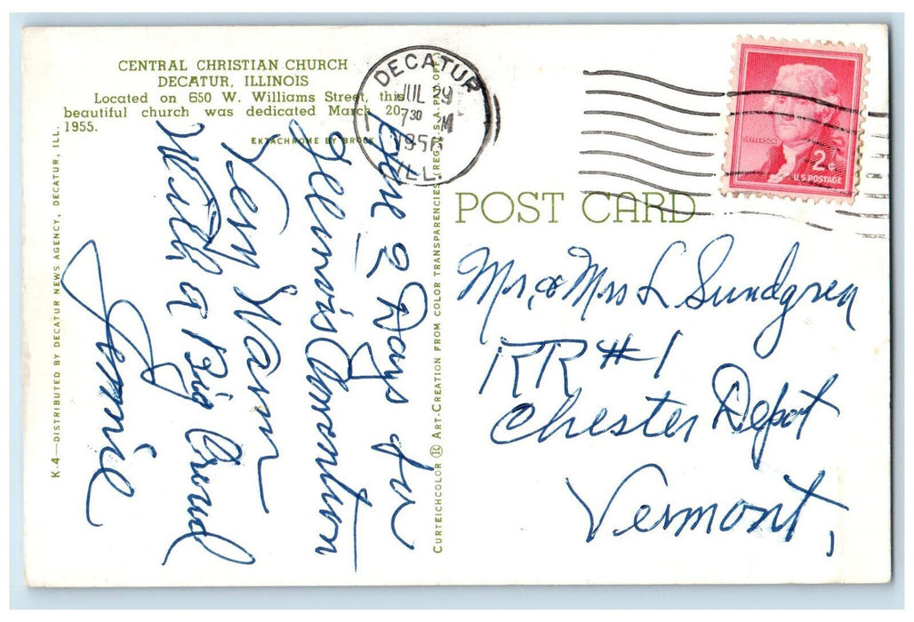 1956 Central Christian Church, Decatur Illinois IL Vintage Posted Postcard