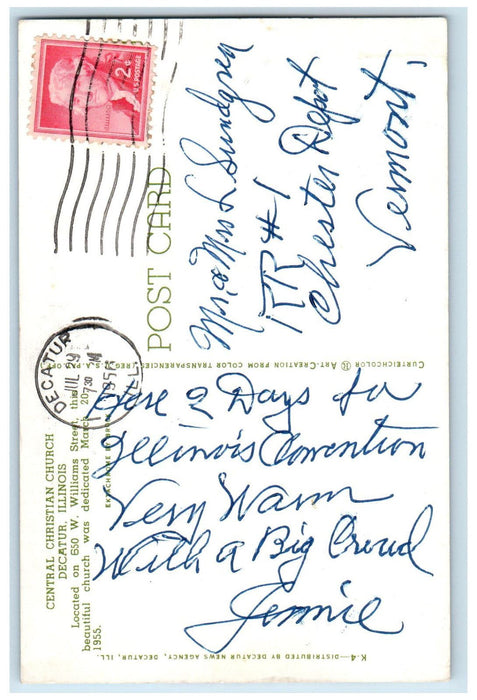 1956 Central Christian Church, Decatur Illinois IL Vintage Posted Postcard