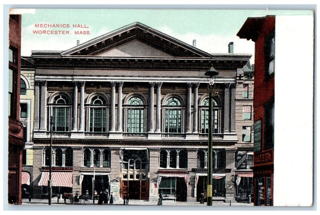 c1910's Mechanics Hall Building Street View Worcester Massachusetts MA Postcard