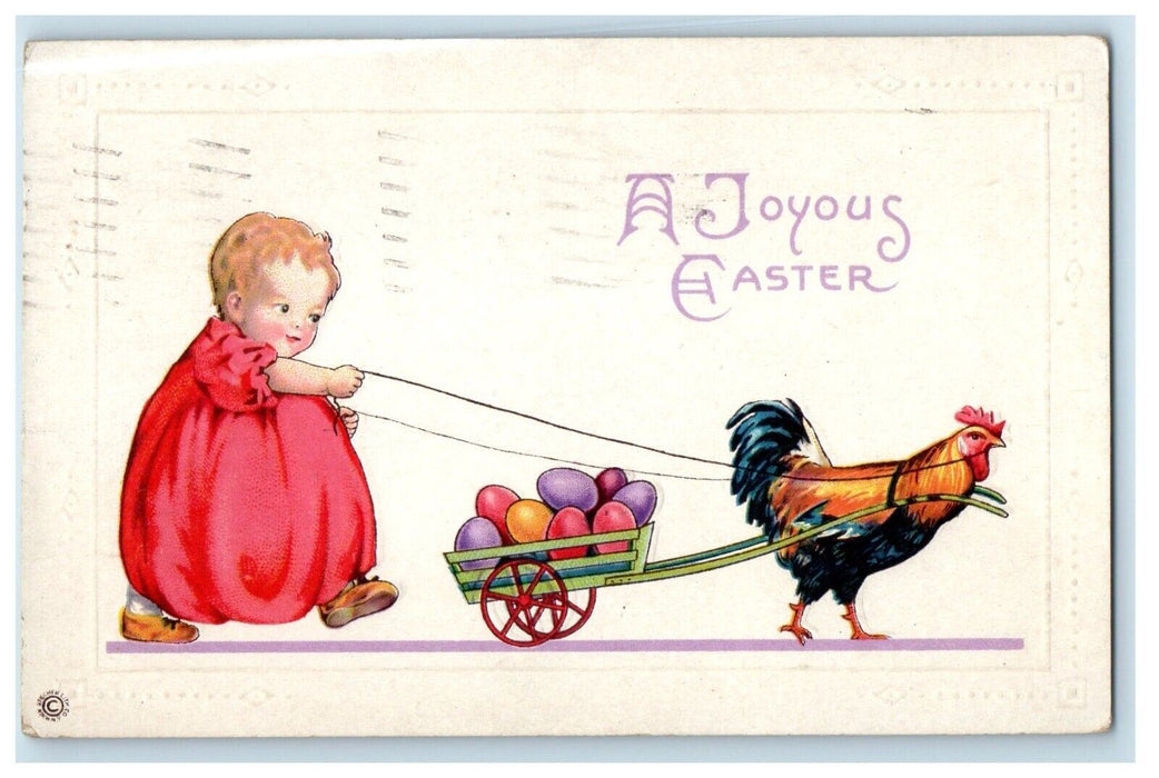 1921 A Joyous Easter Rooster Hen Little Girl Pulling Car Eggs Embossed Postcard
