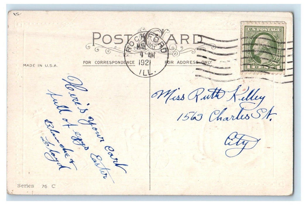 1921 A Joyous Easter Rooster Hen Little Girl Pulling Car Eggs Embossed Postcard