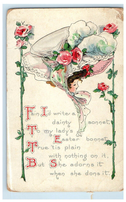 1911 Easter Bonnet Girl Widow Hat Flowers Embossed Posted Antique Postcard