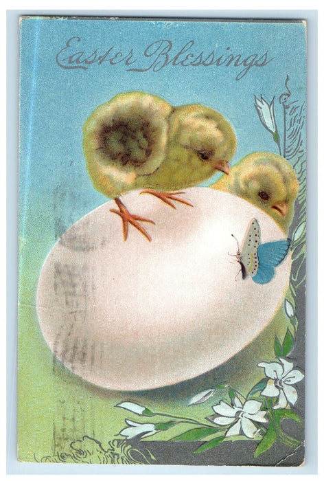 c1910's Easter Greetings Egg Butterfly Chicks Lily Flowers Antique Postcard