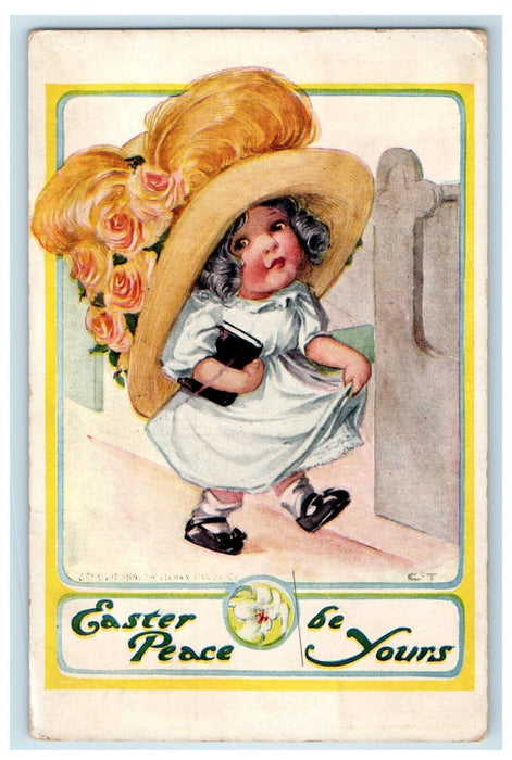 1911 Easter Peace Little Girl Curly Hair Big Hat Posted Antique Postcard