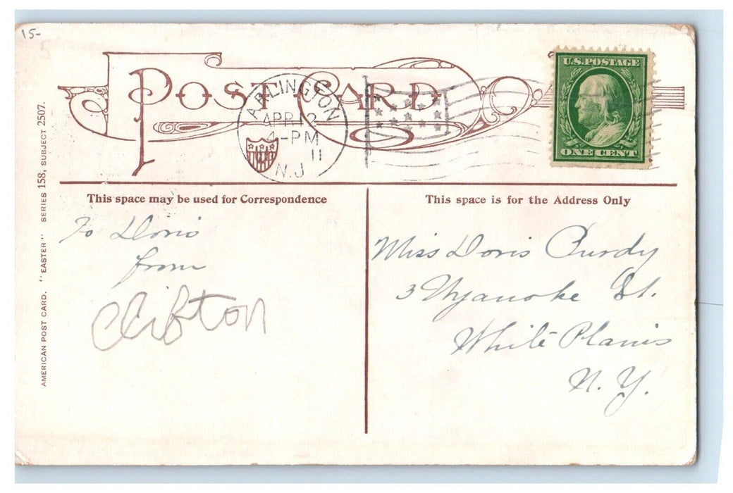 1911 Easter Peace Little Girl Curly Hair Big Hat Posted Antique Postcard
