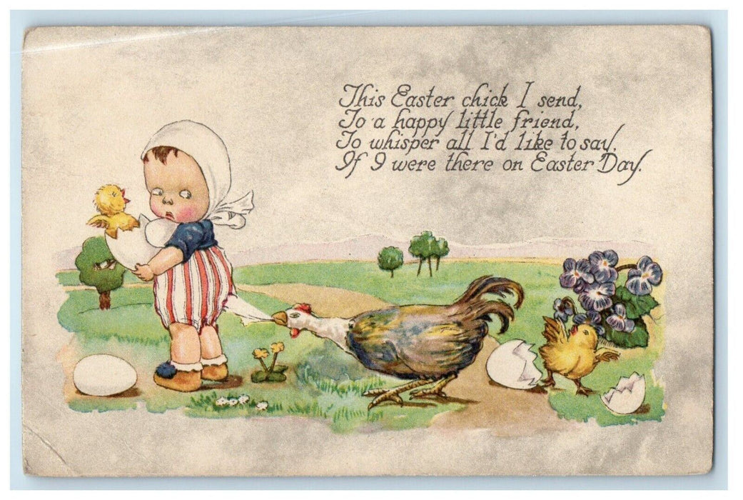 1919 Easter Chick Chicken Hen Little Boy Eggs Hatched Posted Antique Postcard