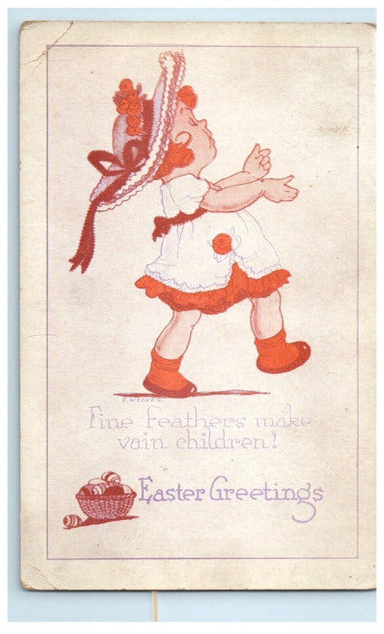 c1910's Easter Greetings Little Girl Bonnet Fine Feathers Antique Postcard