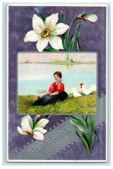 c1910's Easter Wishes Girl And Chickens White Flowers Embossed Antique Postcard