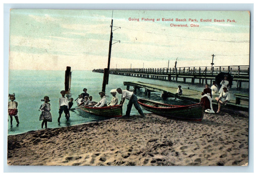 1908 Boat Scene, Going Fishing at Euclid Beach Park, Cleveland Ohio OH Postcard