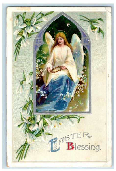 c1910's Easter Greetings Girl Angel And Flowers Clapsaddle (?) Embossed Postcard