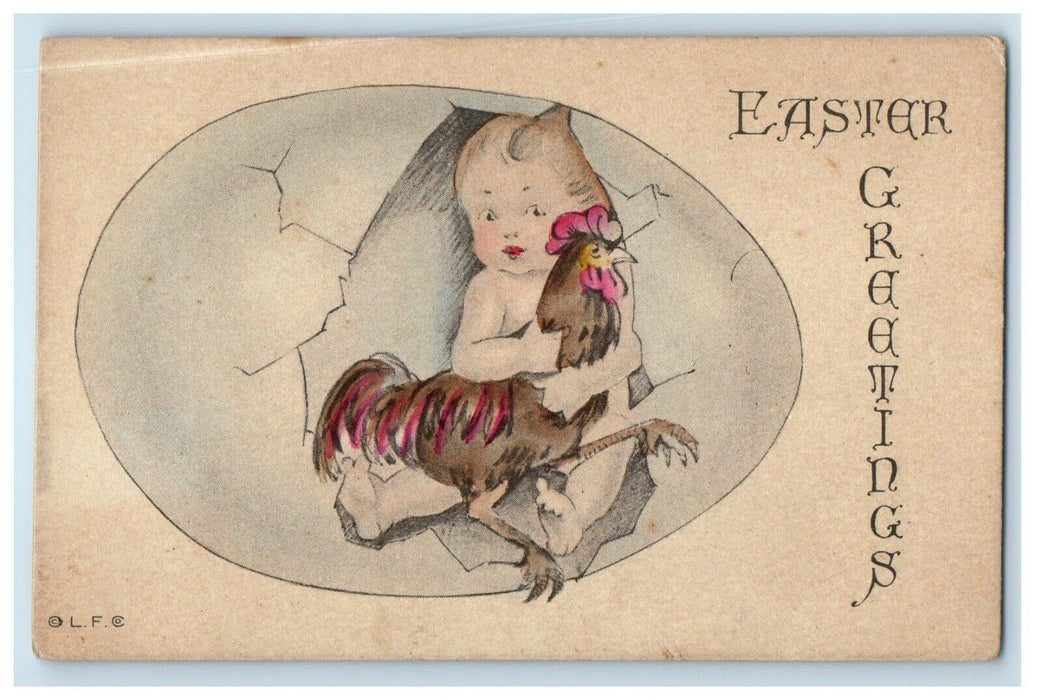 c1910's Easter Greetings Baby In Giant Egg Rooster Chicken Hen Antique Postcard