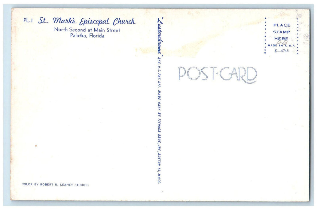 c1960's St. Mark's Episcopal Church North Second at Main St. Palatka FL Postcard