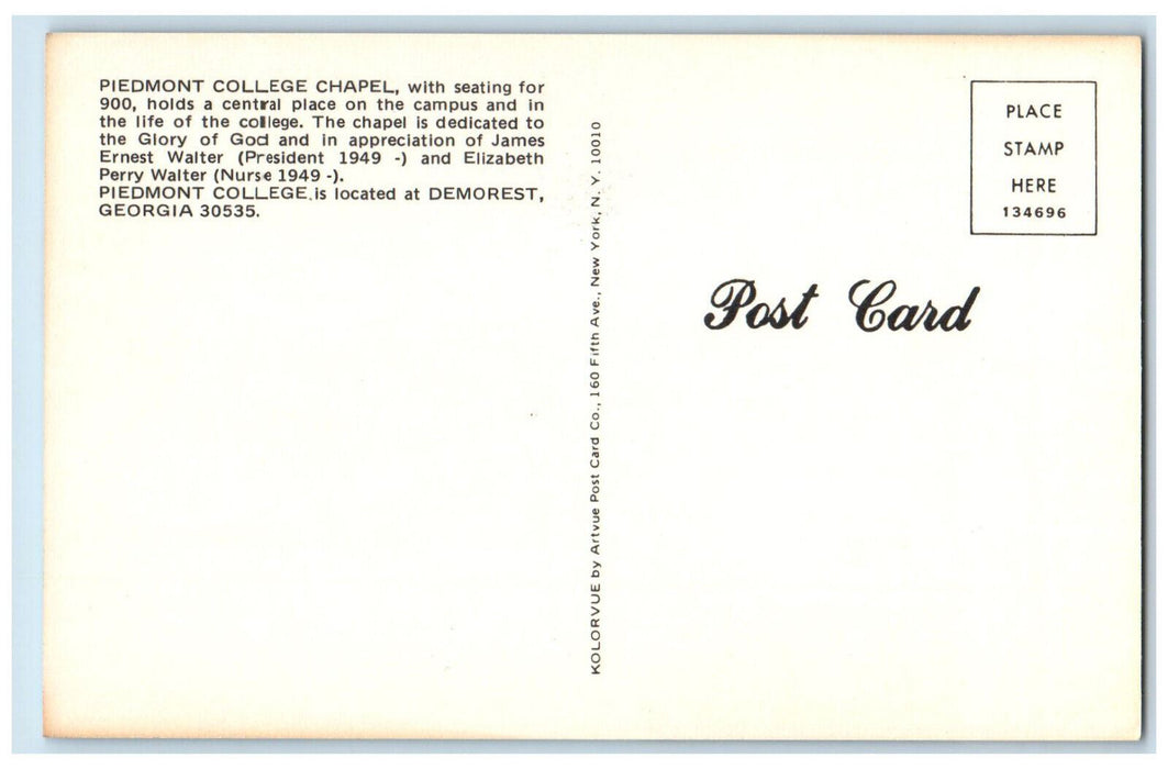 c1960's Piedmont College Chapel, Dedicated to Glory of God Demorest GA Postcard
