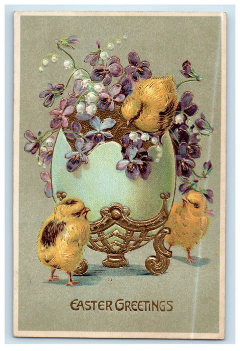 1910 Easter Greetings Giant Hatched Egg Chicks Pansies Flower Embossed Postcard