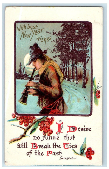 c1905 New Year Wishes Boy Clarinet Horn Winter Snow Unposted Antique Postcard