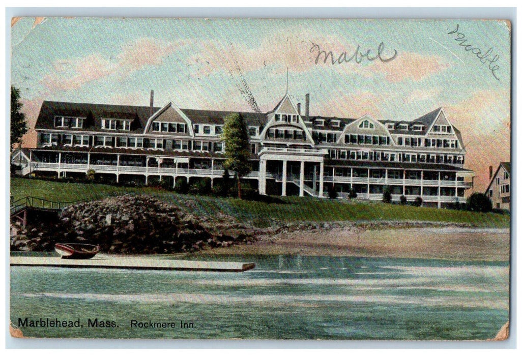 1909 Marblehead MA, Rockmere Inn Building Lake Front Boat Antique Postcard