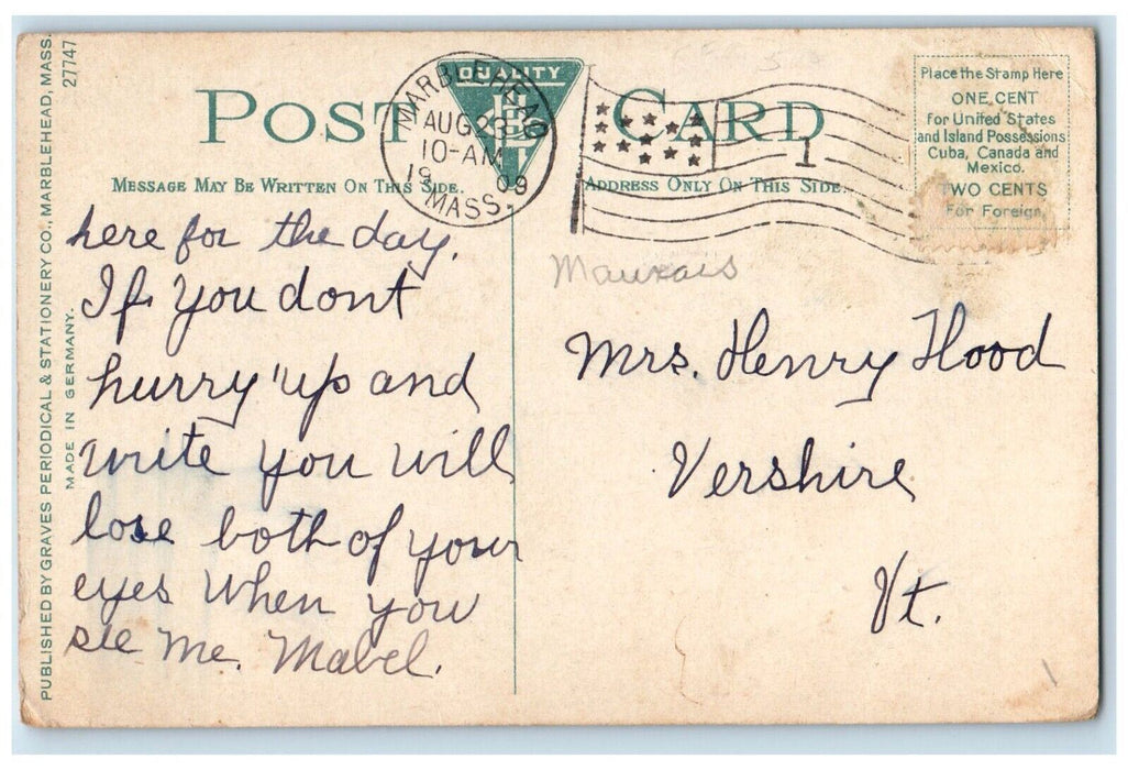 1909 Marblehead MA, Rockmere Inn Building Lake Front Boat Antique Postcard
