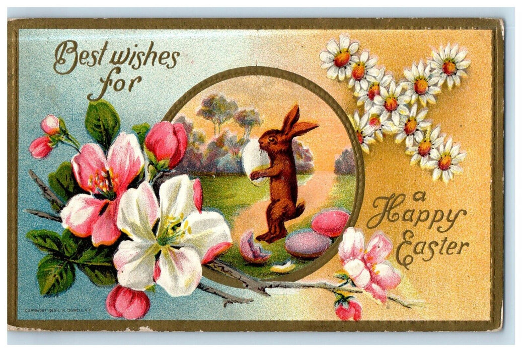 1911 A Happy Easter Anthropomorphic Rabbit Eggs Flowers Embossed Postcard