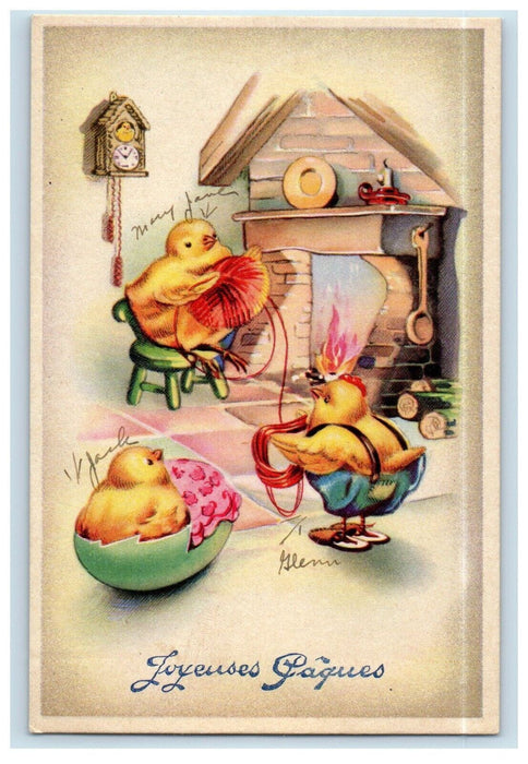 1945 Easter Greetings Anthropomorphic Chicks Fireplace Posted Antique Postcard