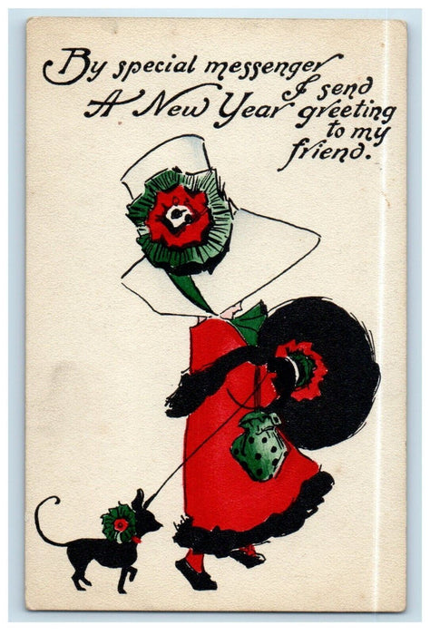 c1910's New Year Greeting Girl Big Hat Pouch Chihuahua Clapsaddle (?) Postcard