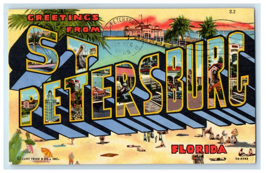 1965 Big Letters, Beach View Greetings from St. Petersburg Florida FL Postcard