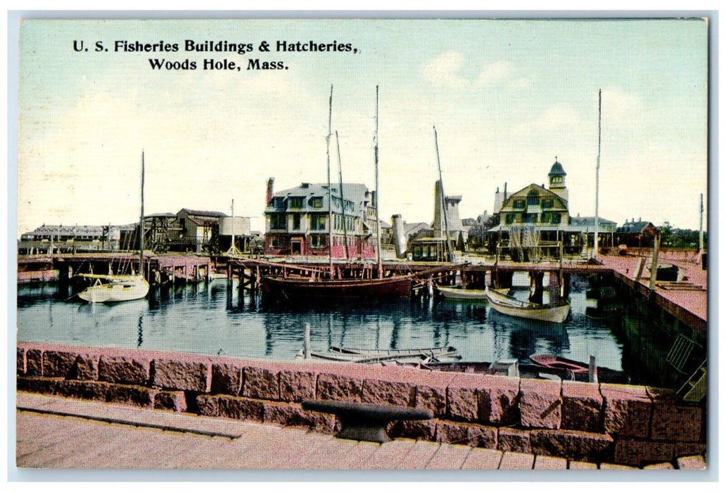 U. S. Fisheries Buildings & Hatcheries Boats Woods Hole MA Unposted Postcard