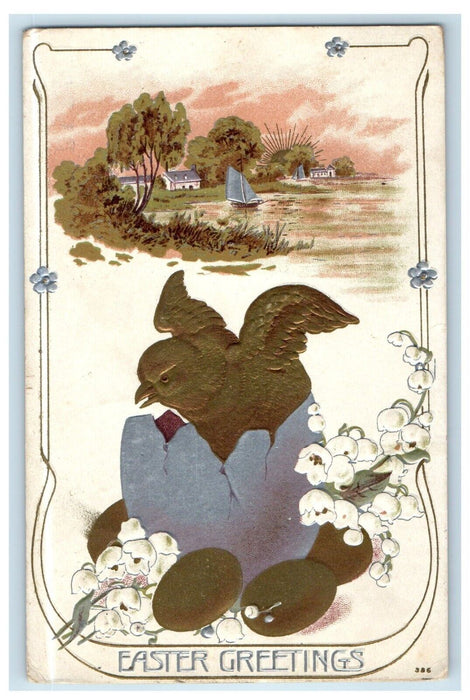 1910 Easter Greetings Egg Hatched Art Nouveau Roanoke Illinois IL Postcard