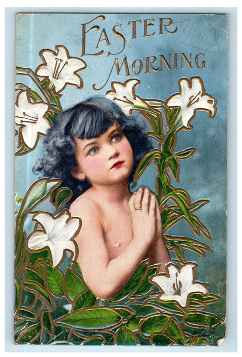 c1910's Easter Morning Girl Undressed Lily White Flowers Embossed Postcard