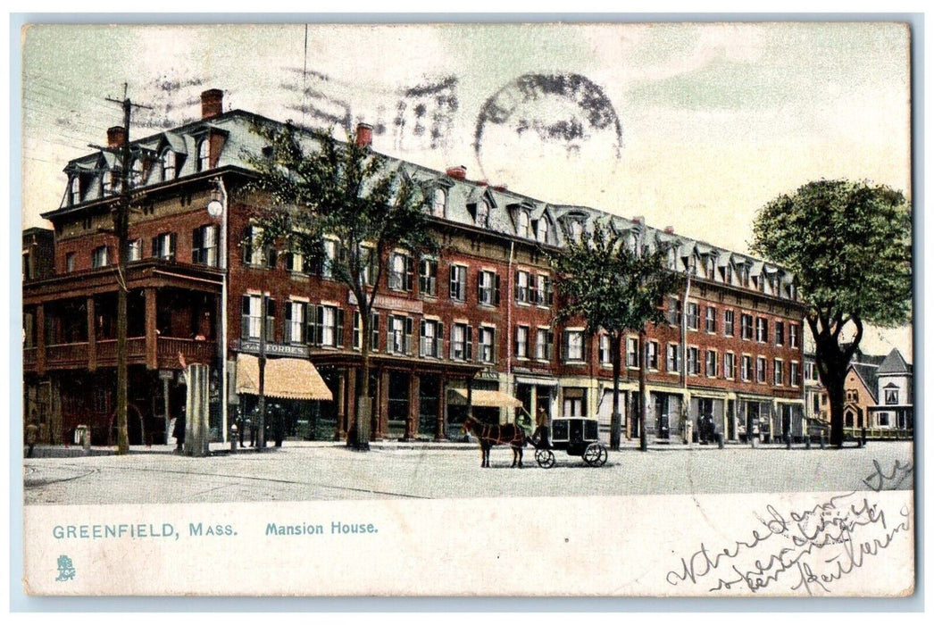 1907 Mansion House Horse Carriage Greenfield Massachusetts MA, Tuck's Postcard