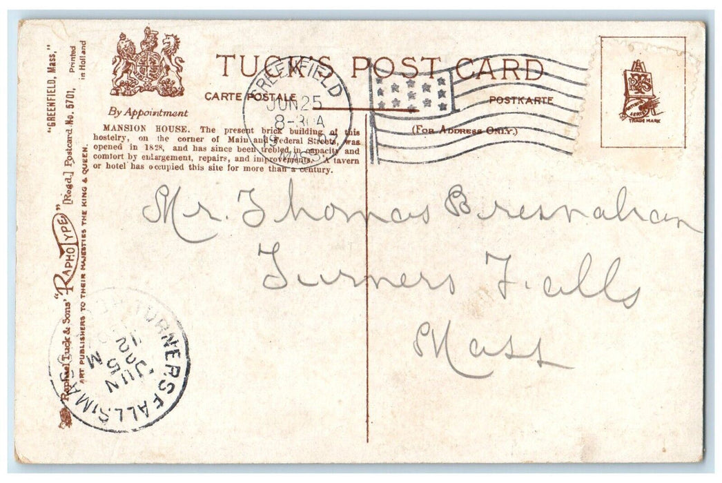 1907 Mansion House Horse Carriage Greenfield Massachusetts MA, Tuck's Postcard