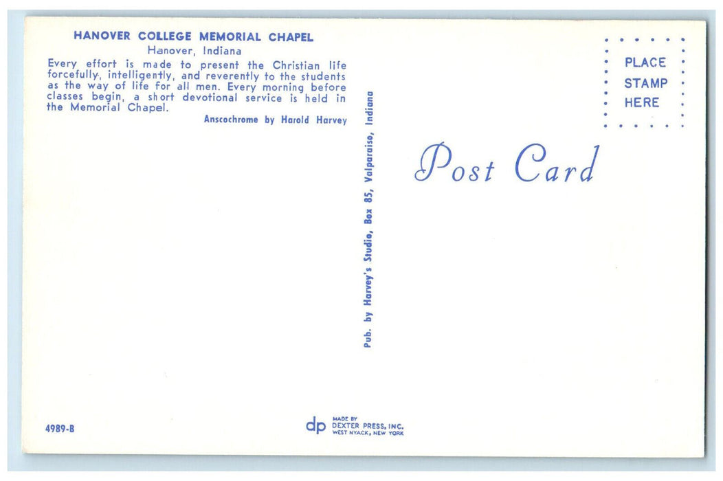 c1950's Hanover College Memorial Chapel Hanover Indiana IN Postcard