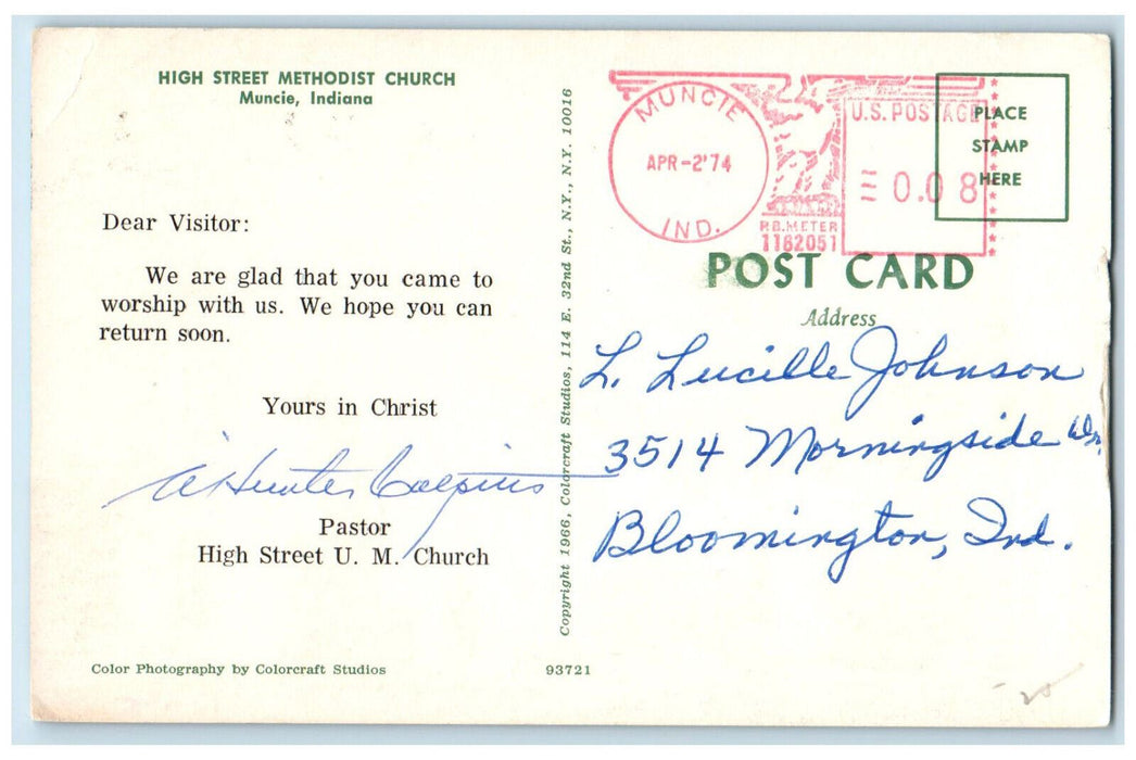 1974 High Street Methodist Church Muncie Indiana IN Vintage Postcard