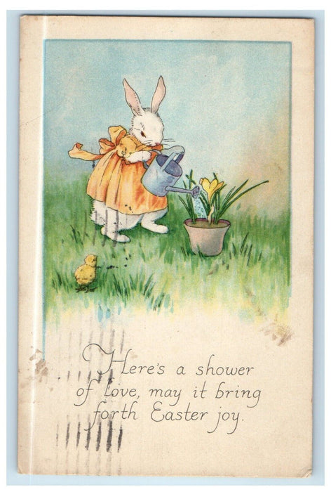 1925 Easter Joy Anthropomorphic Rabbit Watering Plant Flower Antique Postcard
