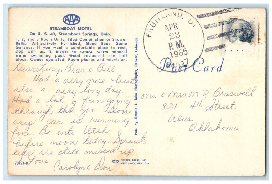 1965 Steamboat Motel Roadside Cars Steamboat Springs Colorado CO Posted Postcard