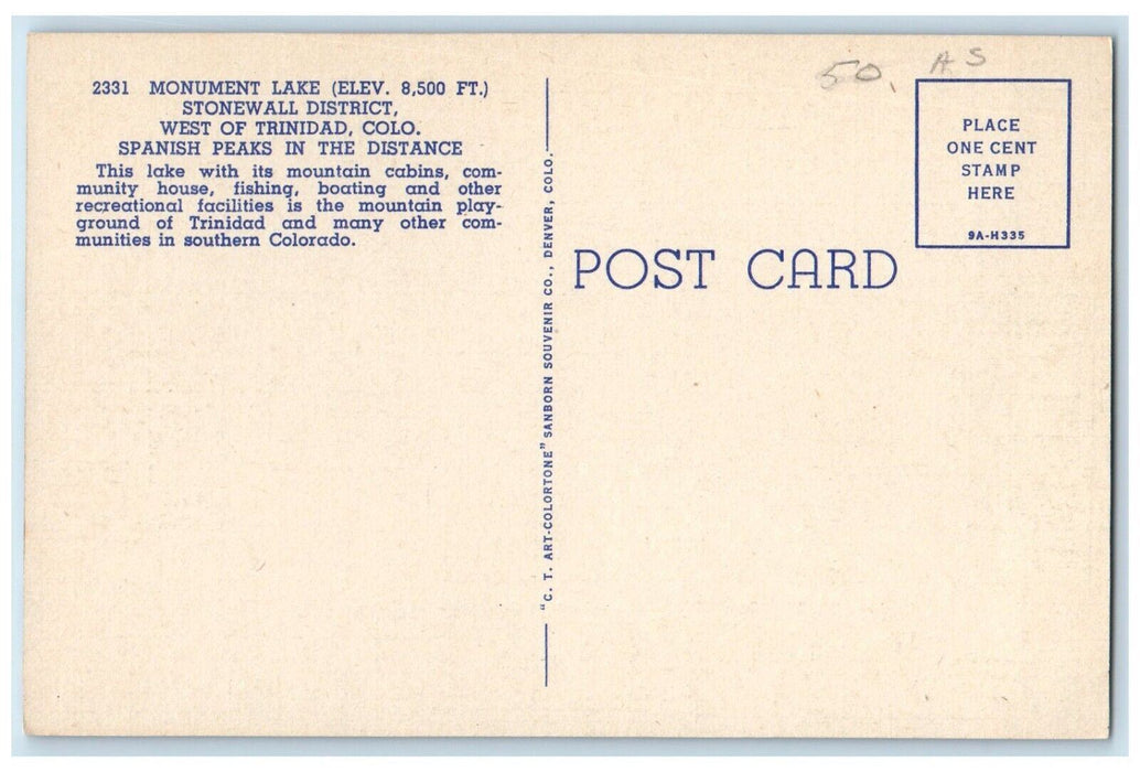 View Of Monument Lake Stonewall District West Of Trinidad Colorado CO Postcard