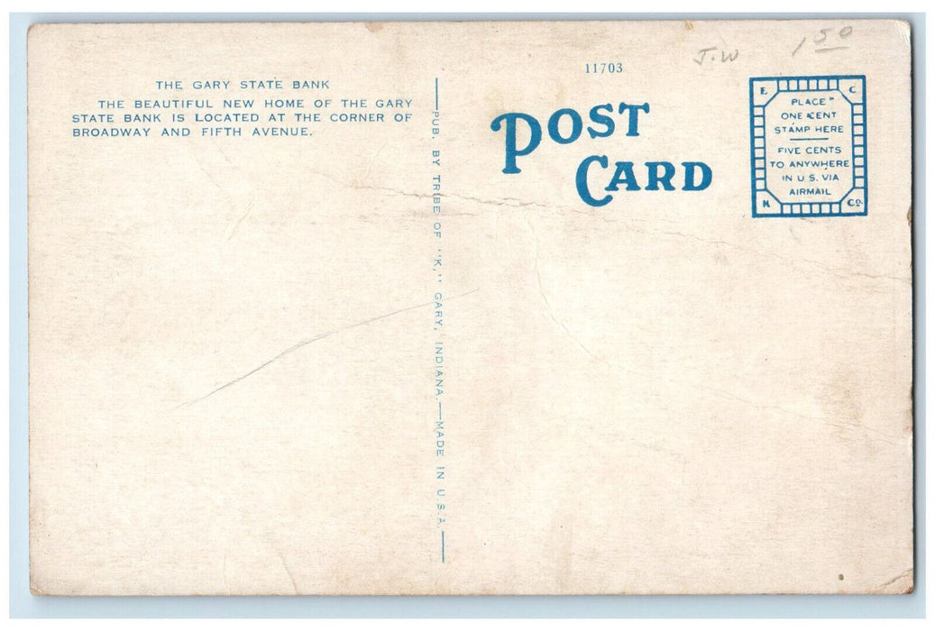 c1920's The Gary State Bank "The Steel City" Gary Indiana IN Unposted Postcard