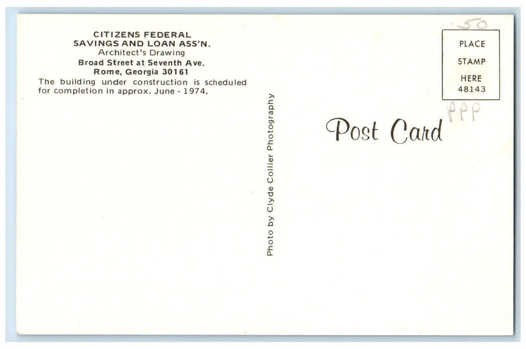 c1950's Citizens Federal Savings and Loan Ass'n Rome Georgia GA Postcard