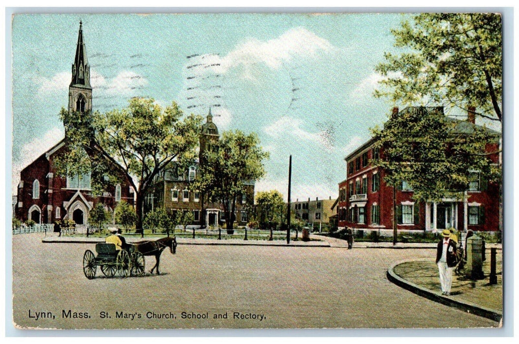 1909 Lynn MA, St. Mary's Church School And Rectory Horse And Buggy Postcard