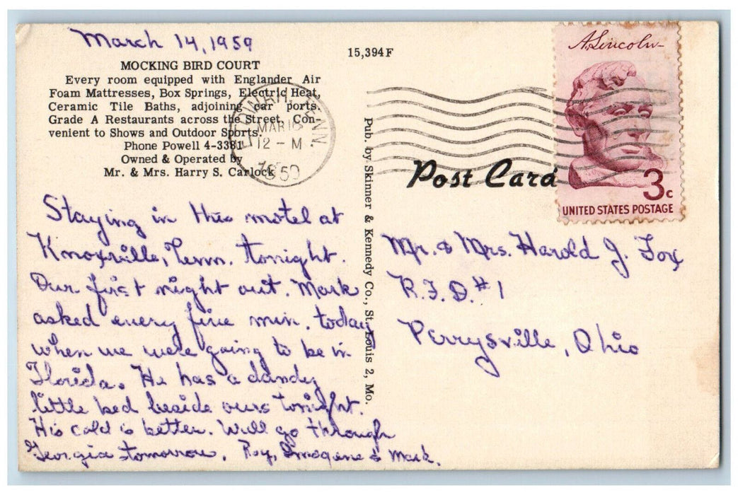 1959 Mocking Bird Court, Knoxville Tennessee TN Vintage Posted Postcard