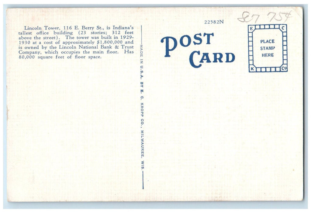 1963 Lincoln National Bank & Trust Company Tower Fort Wayne Indiana IN Postcard