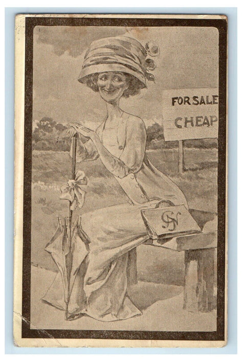 1909 Old Hag Ugly Girl Bonnet For Sale Cheap Sign Posted Antique Postcard
