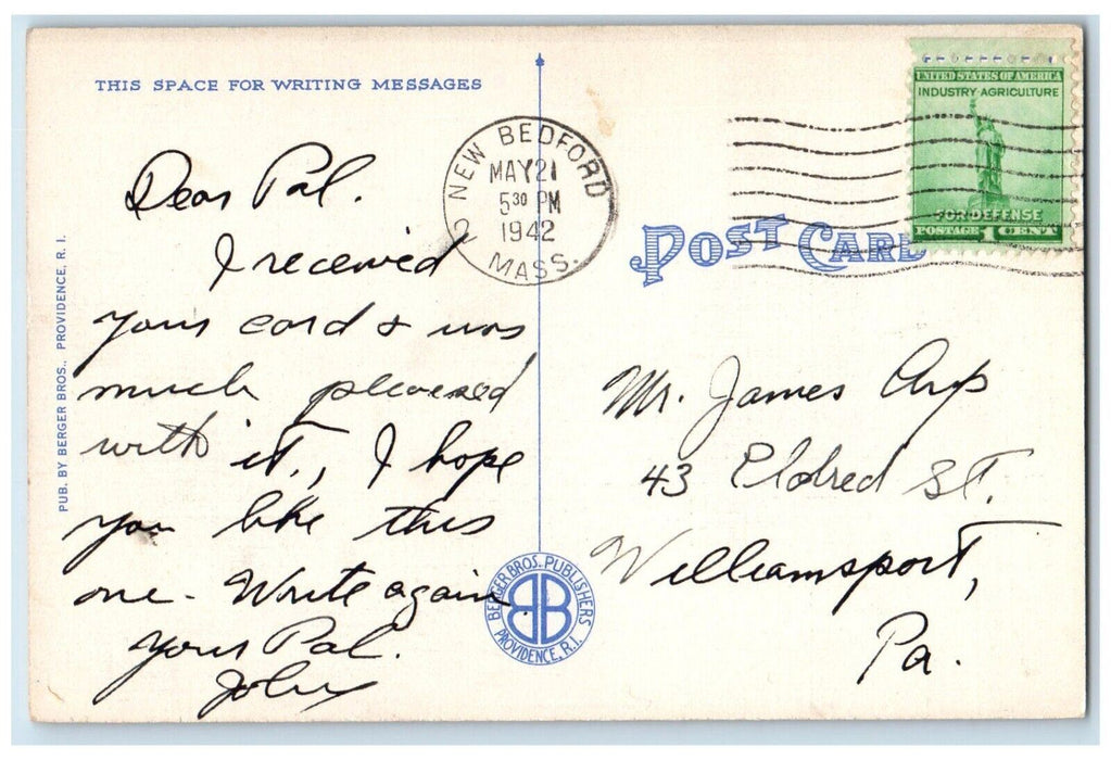 1942 William Street At Pleasant Cars New Bedford Massachusetts MA Postcard
