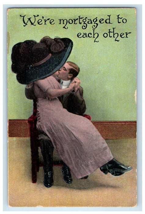 c1910's A Sweet Couple Kissing Widow Hat We're Mortgaged To Each Other Postcard