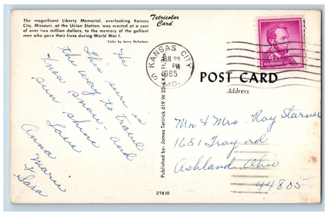 1965 Magnificent Liberty Memorial Overlooking Kansas City MO Postcard